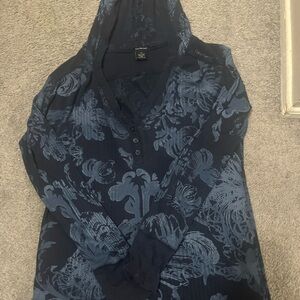 Navy Blue Floral Hoodie Top